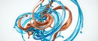 Abstract swirling liquid splash in vibrant blue and orange colors creating dynamic fluid motion on white background for modern design projects.