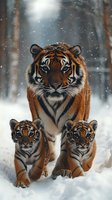 Majestic tiger mother walking through snowy forest with two cubs during winter snowfall, creating atmospheric wildlife scene with natural bokeh effect.