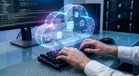 Professional working on cloud computing technology with holographic interface displaying data storage and network connectivity solutions for modern business applications.