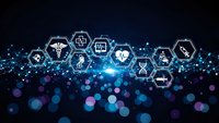 Medical technology network with healthcare icons and digital connections on dark blue bokeh background for modern medicine concepts.