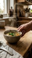 Senior hands holding steaming bowl of homemade soup in rustic kitchen. Warm comfort food with fresh herbs and vegetables creates cozy cooking atmosphere.