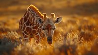 Giraffe grazing in golden savanna grassland during warm sunset light with natural wildlife habitat background for nature and animal photography projects.