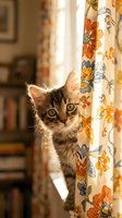 Tabby kitten peeking behind floral curtain with curious expression in sunlit home interior, playful pet behavior and domestic scene.