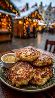Golden potato pancakes with sour cream served on decorative plate at festive market with warm bokeh lights and holiday atmosphere in background.