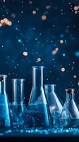 Laboratory glassware with liquid against dark background with glowing bokeh lights and sparkles creating magical scientific atmosphere for research concept.
