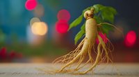 Fresh ginseng root with green leaves on wooden surface against colorful bokeh lights background for natural medicine and herbal supplement concepts.