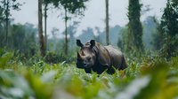 Endangered rhinoceros walking through lush green vegetation in natural habitat, surrounded by tall trees and wild plants in misty morning atmosphere.