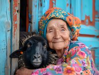 Elderly Asian woman in colorful traditional headscarf embracing black sheep, showing genuine smile and joy against weathered blue wooden door background.