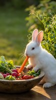White rabbit eating fresh carrot from wooden bowl filled with vegetables in sunny garden setting for healthy pet nutrition and organic farming concepts.
