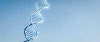 DNA double helix structure floating against blue gradient sky background for medical research and genetic science concepts.