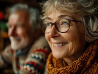 Senior Caucasian woman with glasses and knit scarf smiling warmly during Christmas celebration with elderly man in festive sweater background.