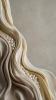 Elegant flowing silk fabric in cream and gold tones with scattered white pearls creating luxurious waves and curves for wedding or fashion design.