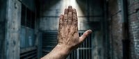 Male hand raised in stop gesture inside industrial prison cell with metal bars and concrete walls.