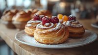 Fresh raspberry cream puff pastries dusted with powdered sugar on rustic wooden board, selective focus with blurred background, appetizing dessert.