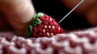 Macro shot of embroidery needle stitching detailed red strawberry with green leaves on pink fabric, showing intricate needlework technique and artisan craftsmanship.
