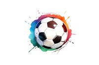 Soccer ball with vibrant watercolor splash effect on white background, dynamic sports art composition with rainbow colored paint splatters surrounding classic black and white ball.