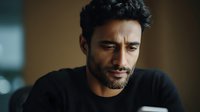 Young South Asian man with beard and dark curly hair looking down with concerned expression, wearing black shirt against blurred warm background.