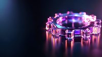 Glowing crystal bracelet with pink and purple gems on dark reflective surface creates magical atmosphere with neon lighting effects.