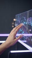 Hand touching futuristic holographic interface with glowing network connections and digital particles on modern screen for technology innovation concepts.