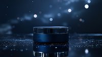 Luxurious navy blue cosmetic cream jar on dark reflective surface with bokeh lights and water drops, premium skincare product photography for beauty brands.