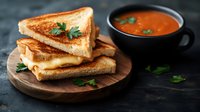Grilled cheese sandwich with melted cheddar on wooden board served with tomato soup garnished with fresh herbs. Classic comfort food combination for menu photography.