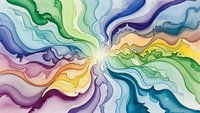 Abstract watercolor waves in rainbow spectrum creating fluid organic patterns with soft gradients and flowing movement for modern artistic backgrounds.