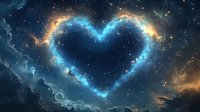 Glowing heart-shaped nebula in deep space with vibrant blue and golden cosmic clouds against starry background, creating romantic celestial formation in universe.