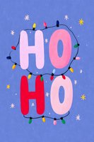 Festive HO HO text wrapped in colorful Christmas lights on blue background with stars, creating a cheerful holiday greeting card design.