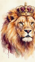 Majestic lion wearing golden crown watercolor painting with warm brown and orange tones on textured background for royal themed designs.