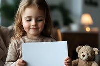 Young girl holding blank white paper while sitting with teddy bear in cozy home interior with soft evening lighting and houseplants in background.