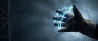 Hand with electric lightning bolts emerging from fingers against dark stormy background. Supernatural power energy magic concept for fantasy designs.