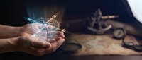 Hands holding glowing light bulb with sparkling energy, symbolizing innovation, creativity, and bright ideas for business and technology concepts.