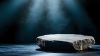 Stone platform on dark background with mystical blue light rays shining from above, creating dramatic atmosphere for product photography and promotional displays.