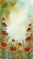 Watercolor wildflower border frame with orange blooms and soft green background for greeting cards, invitations and botanical design projects.