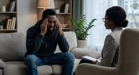 African American man experiencing stress during therapy session with female counselor in modern office setting.