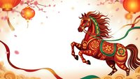Ornate red horse with golden patterns prancing amid cherry blossoms and lanterns for Chinese New Year celebration and festive holiday decorations.