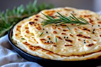 Fresh baked naan bread with black sesame seeds and aromatic rosemary sprigs served in cast iron skillet, close up view showing soft texture and charred spots.