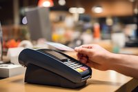 Customer making contactless payment with credit card at store terminal, modern retail transaction in soft ambient lighting perfect for business and finance concepts.