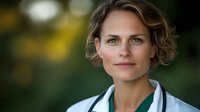 Professional female doctor with short wavy hair wearing white medical coat and stethoscope smiling confidently against blurred natural background outdoors.