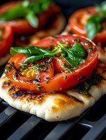 Fresh grilled flatbread topped with juicy roasted tomatoes, fragrant basil leaves and herbs, photographed in macro with selective focus on grill grates.