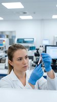 Female scientist in white lab coat and blue latex gloves examining blood sample vial in modern laboratory setting with equipment and monitors in background.