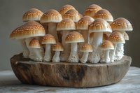 Fresh wild mushrooms growing in cluster on wooden bowl, cream-colored caps with brown speckled tops, natural organic fungi display against neutral background.