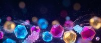 Colorful geometric crystal gems floating in cosmic space with bokeh lights and sparkles creating magical atmosphere for luxury design projects.
