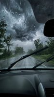 Driving through severe thunderstorm with heavy rain on windshield, dark stormy clouds overhead, wet asphalt road ahead, windshield wipers active during bad weather.