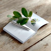 Open notebook with color chart and silver pen on rustic wooden table, decorated with fresh green leaves branch, minimalist business concept.