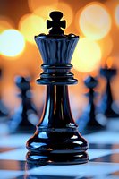 Chess king piece in focus with warm bokeh lights background for strategy and leadership concepts in business and competition.