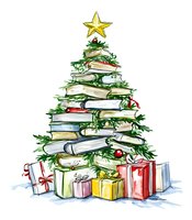 Creative Christmas tree made of stacked books decorated with evergreen branches, ornaments, star topper and wrapped presents underneath, watercolor style.