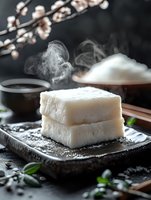 Steaming hot rice cakes on rustic ceramic plate with sakura blossoms in background. Traditional Asian cuisine served with dark soy sauce and fresh garnish.