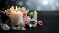 Spa wellness composition with burning candle, healing crystals, pink roses and soft bokeh lighting for relaxation and meditation therapy treatments.