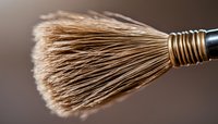 Close-up macro shot of luxury shaving brush with natural bristles and metallic gold ferrule against blurred background, showing fine detail and texture.